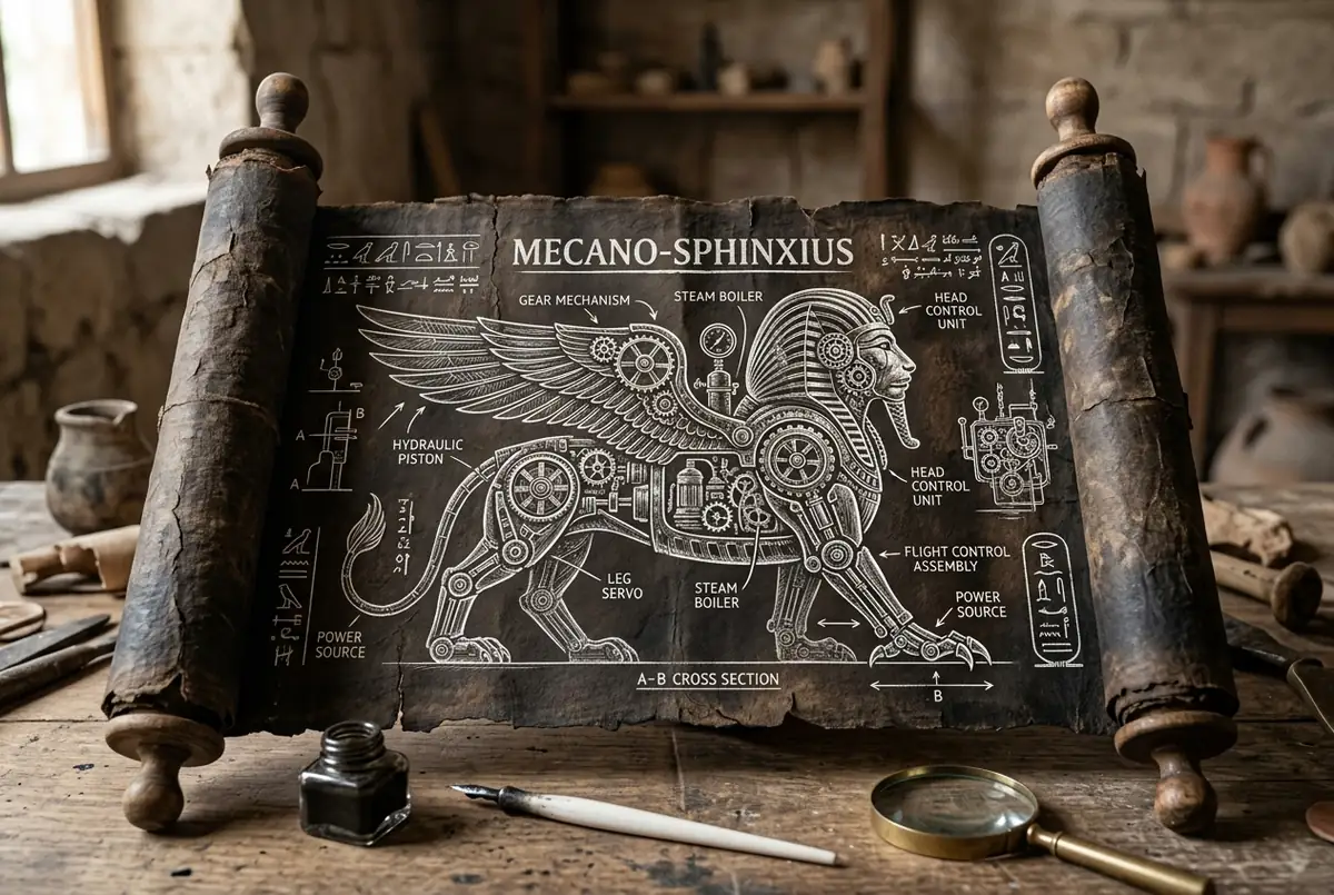 Steampunk sphinx blueprint scroll